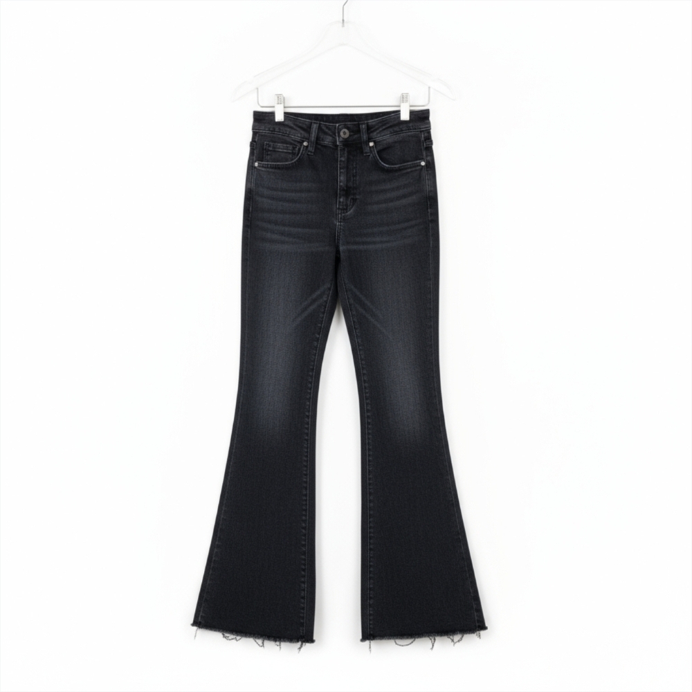 Flying Monkey High Rise Black Flare Jeans | Raw Frayed Hem | Distressed Denim